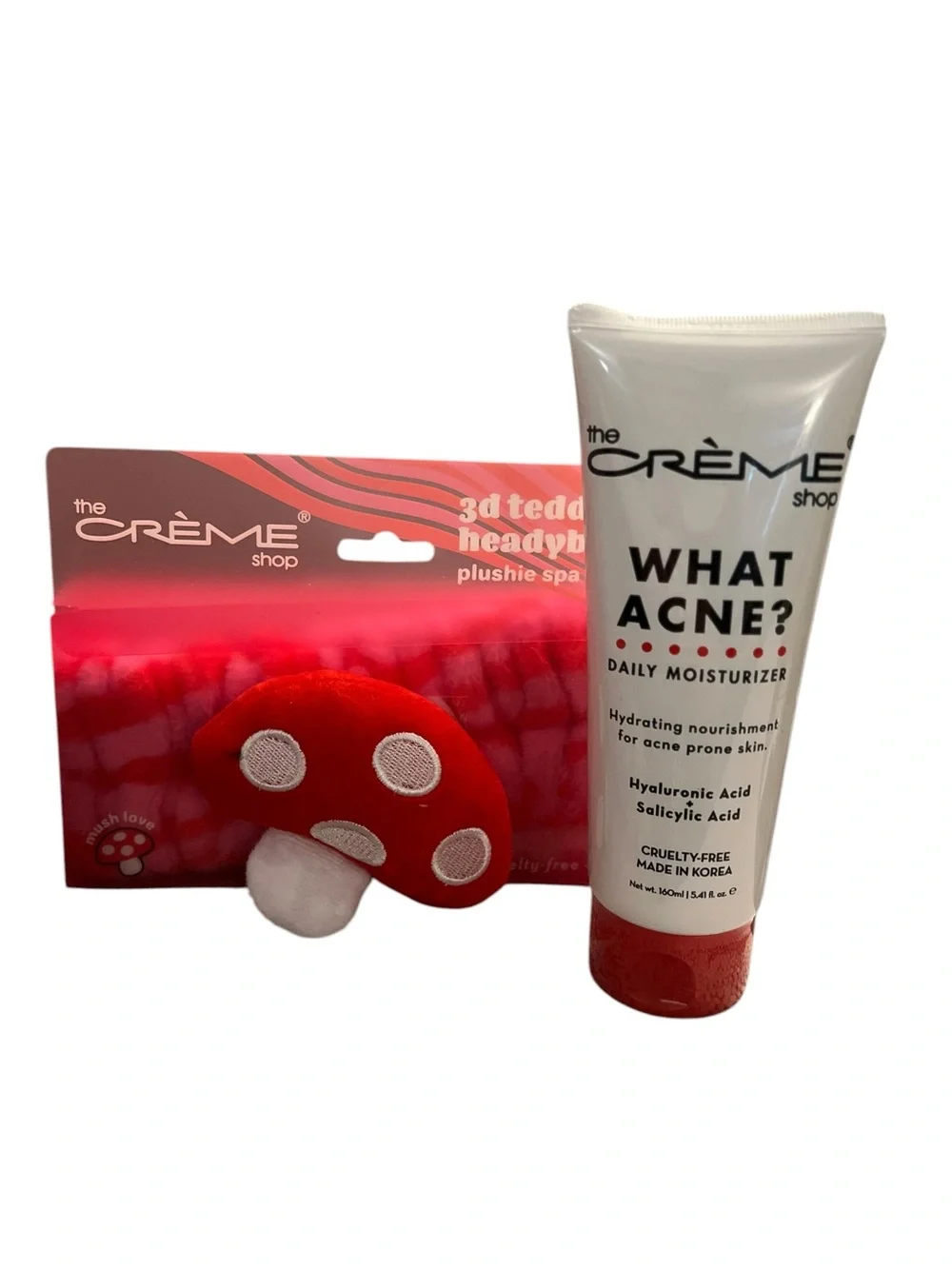 The Crème Shop Mushroom 3D Spa Headband & What Acne Moisturizer Set - NWT